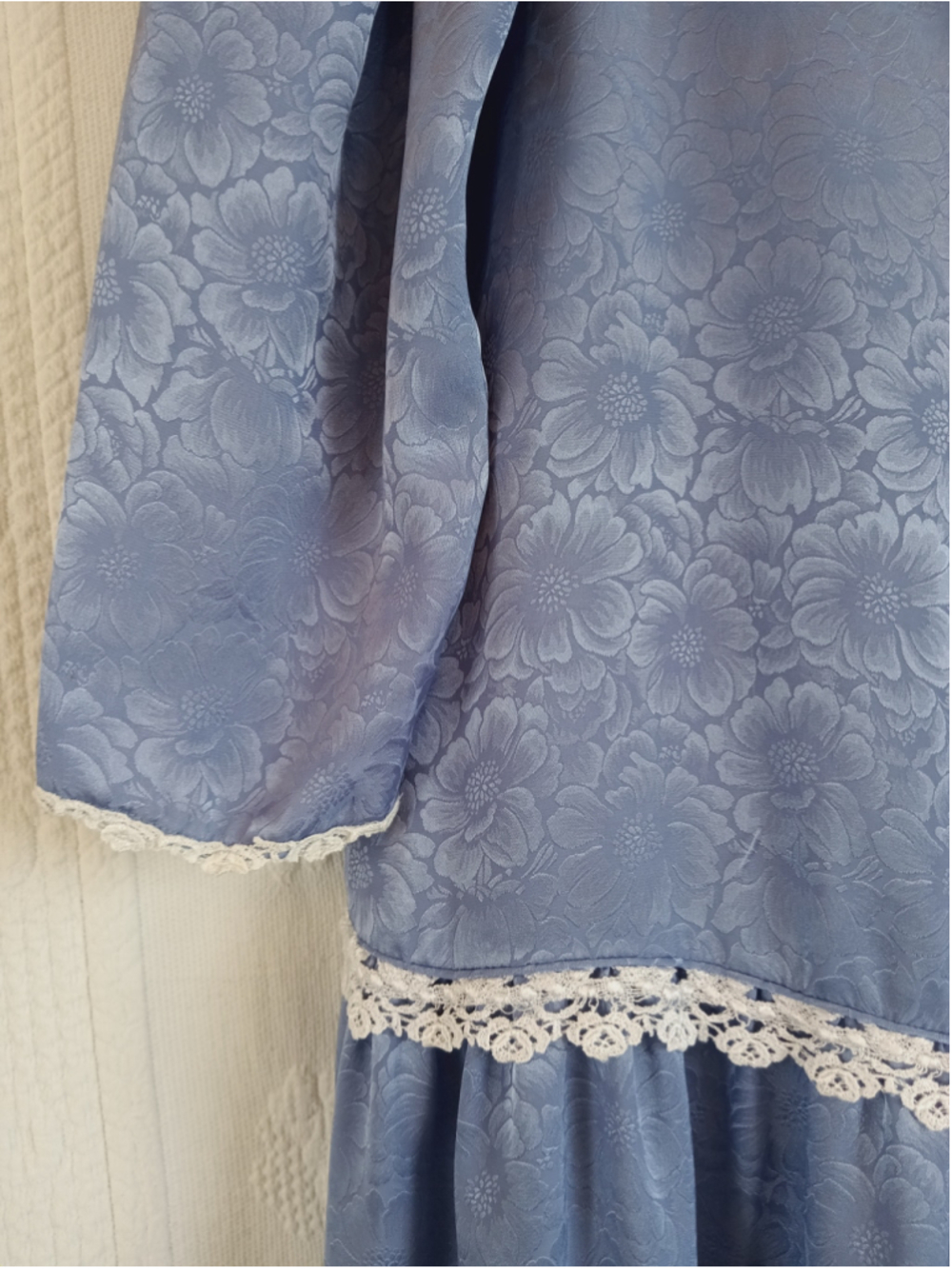 Vintage Jody California Blue Jacquard Drop Waist Dress 80s bib Lace romantic LG - Picture 4 of 12